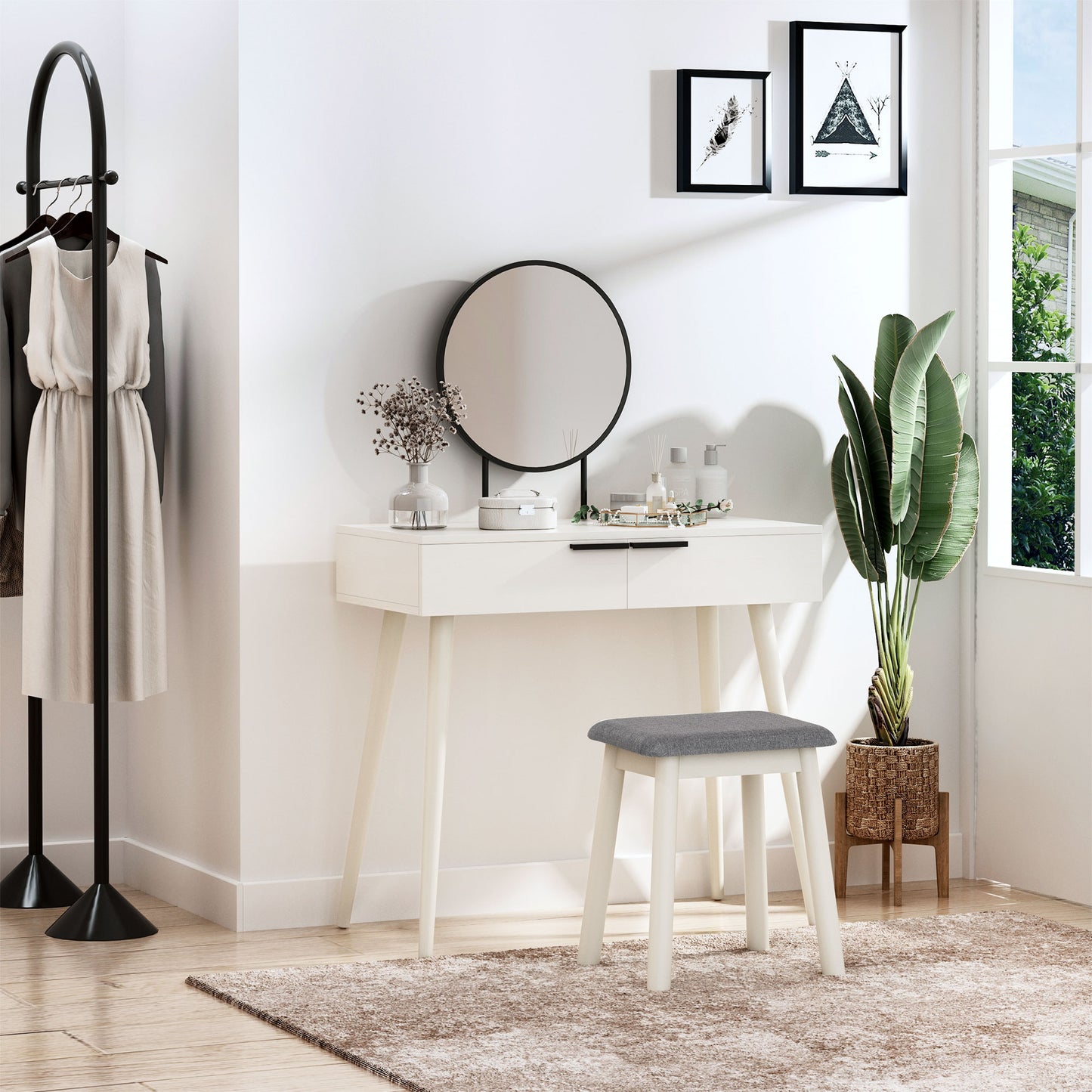 Dressing Table With Mirror And Stool, Vanity Makeup Desk Set With 2 Drawers, Cushioned Stool And Make-up Organiser For Bedroom And Dressing Room, 80 X 40 X 123 Cm, White