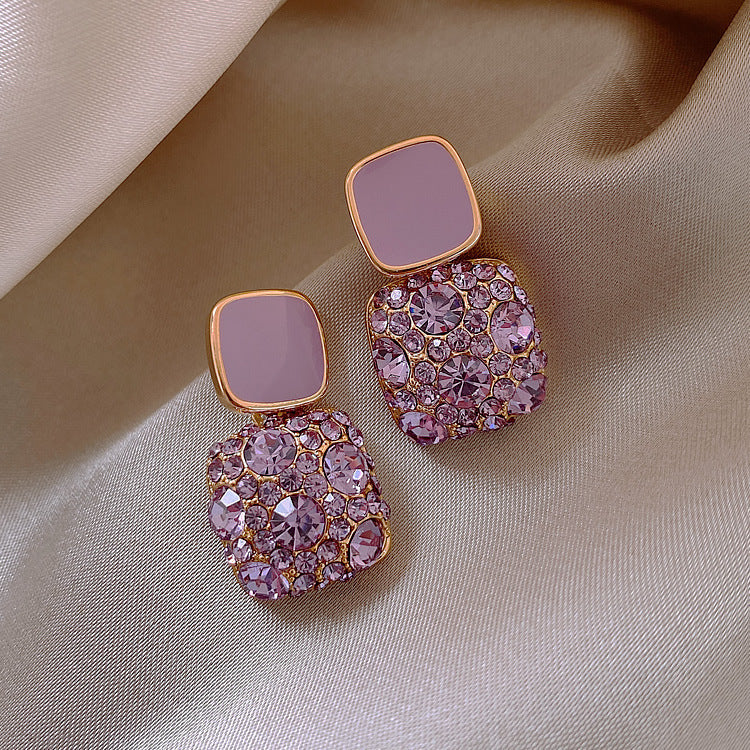 Korean Retro Purple Square Full Rhinestone Enamel Dangle Earrings, New Trendy Temperament Internet Celebrity Stud Earrings For Women