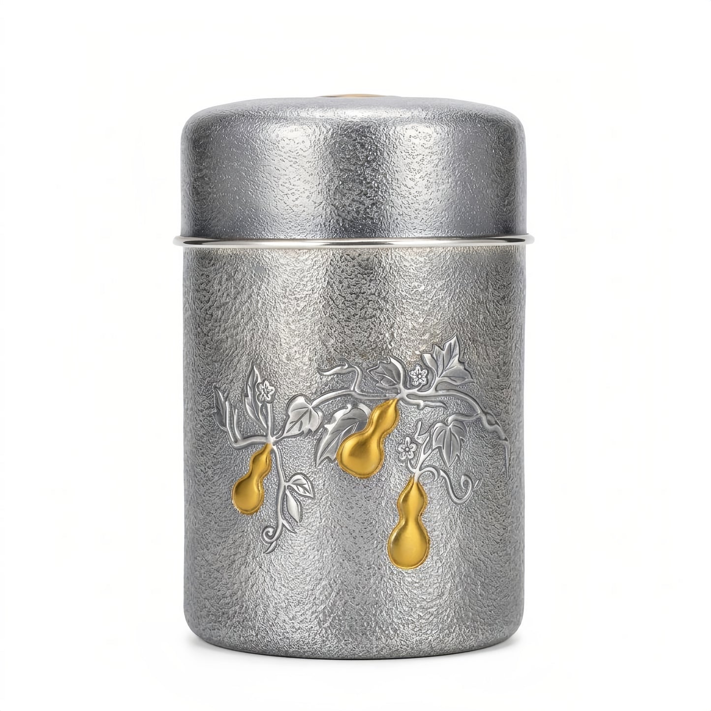 Pure 999 Fine Silver Hammered Silver-Tone Tea Canister with Embossed Gourd Vine Decoration - Handicraft