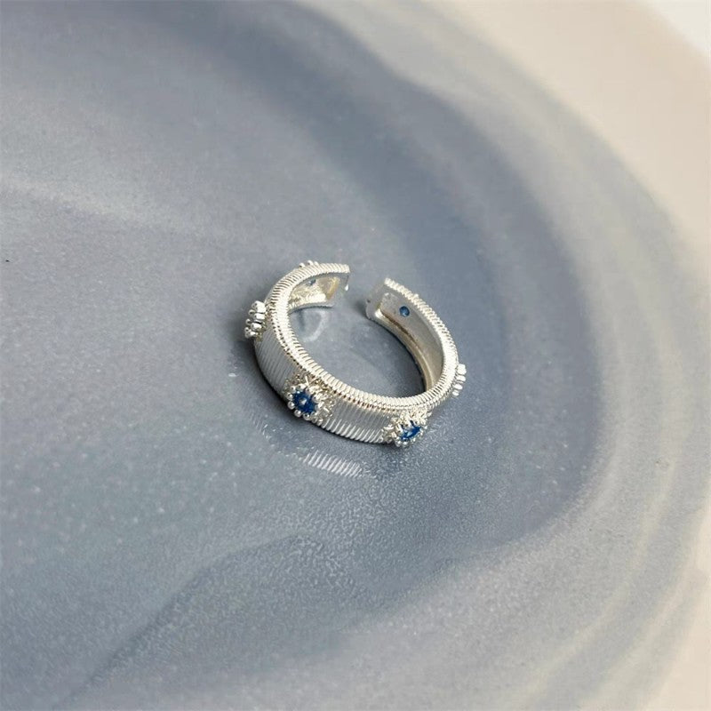 1pc 999 Sterling Silver Brushed Blue Zircon Band Ring, Retro & Elegant Style, Perfect For Daily, Dating & Gifting, Ideal Valentine's Gift