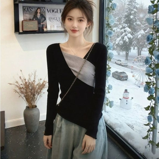 Korean-style Irregular Color-Block Patchwork Long-Sleeve Top For Women