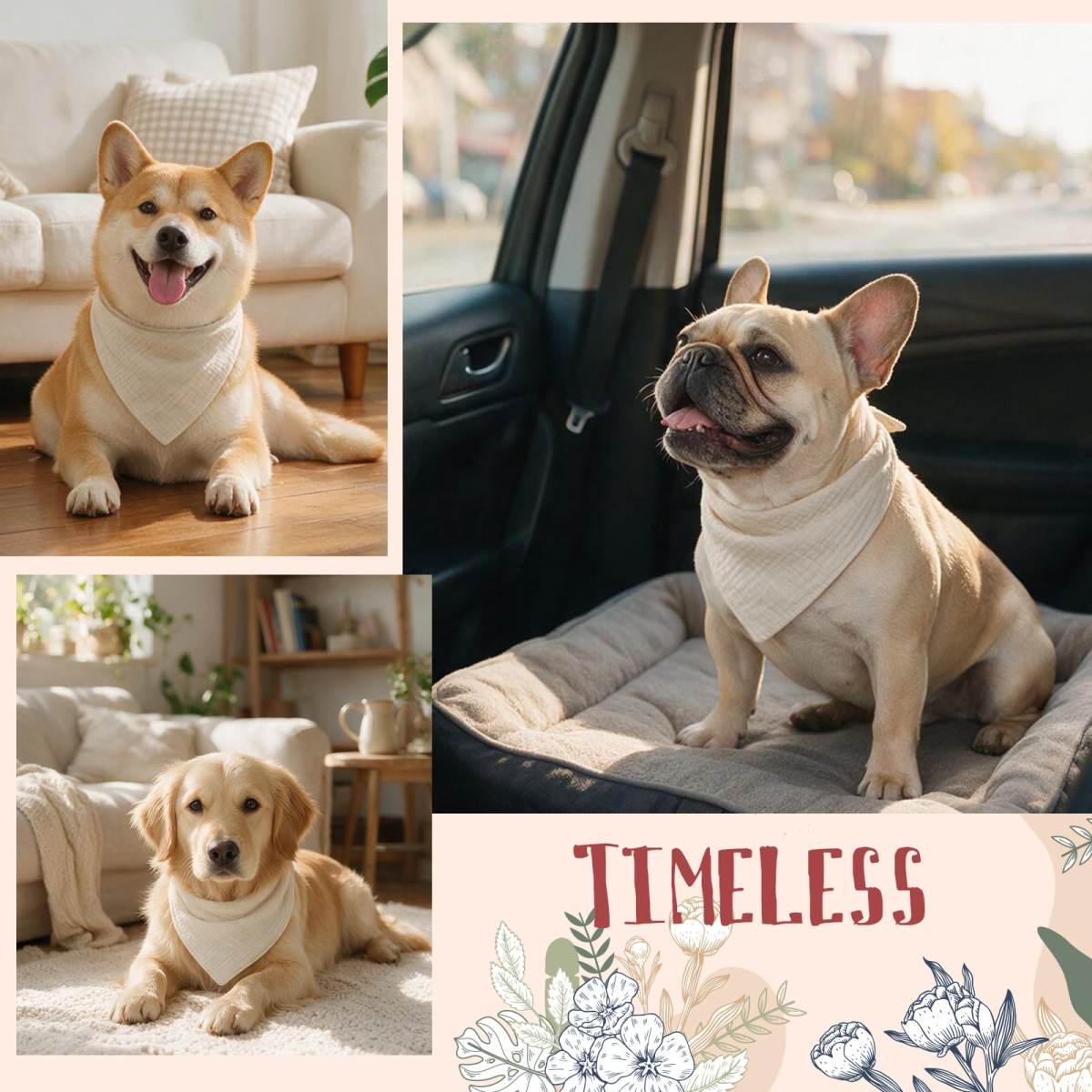 Beige Dog Bandanas Plain Color With Adjustable Snap Button Cotton Pet Solid Wedding Engagement Scarf For Medium And Large Breeds