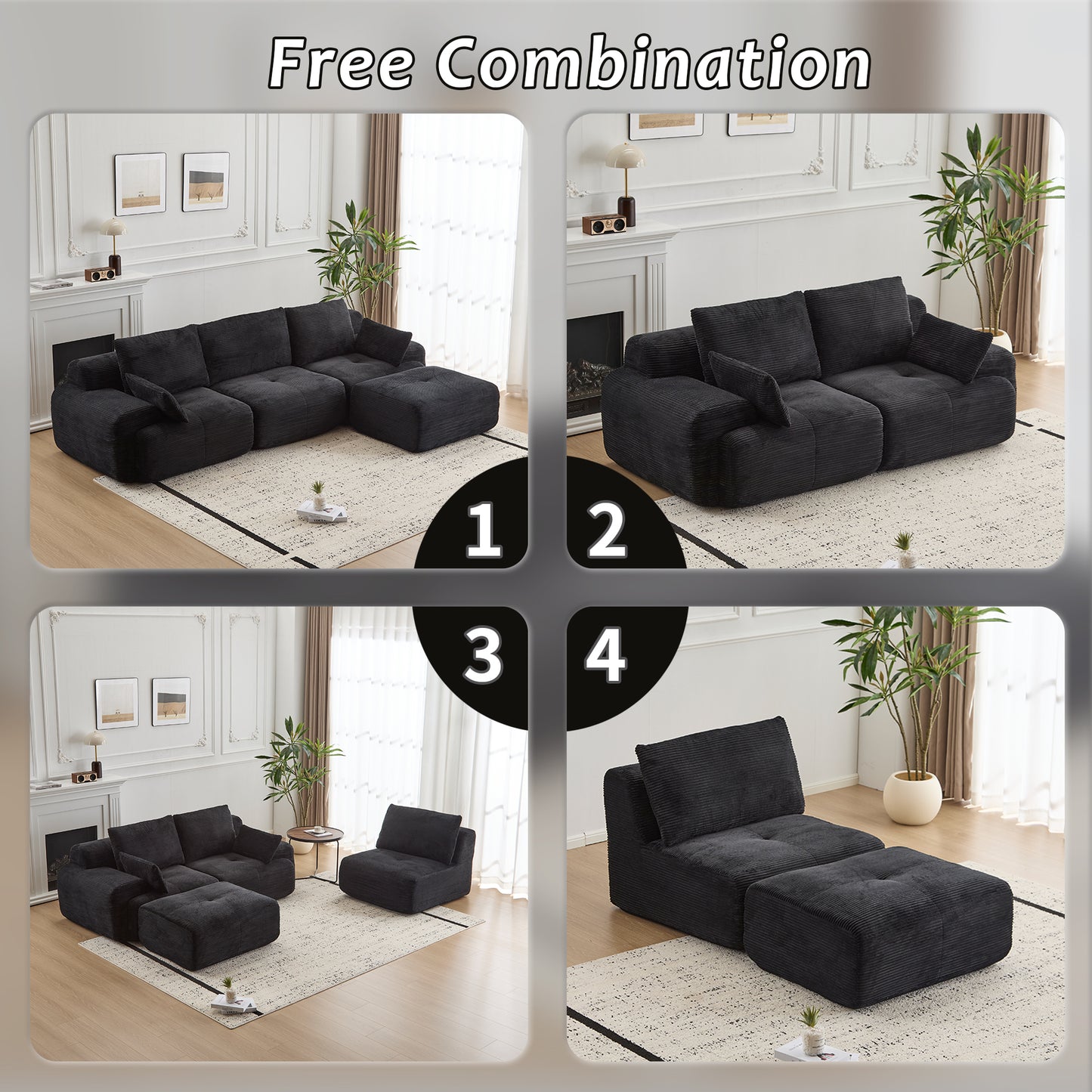 Modern Memory Foam Compressed Sofa,Large Sectional Couches For Living Room,Pet-Friendly Cloud Modular Sectional Sofa,Corduroy Fabric,Extra Deep Loveseat,No Assembly Required, Black