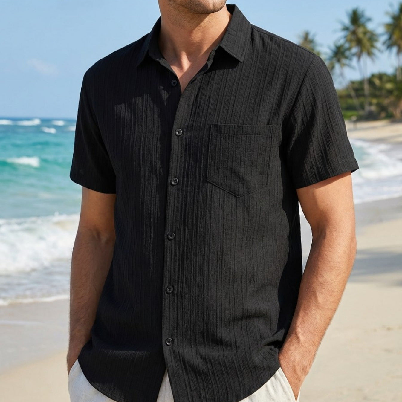 Cross-border Mens Summer Fashion Striped Lapel Beach-fit Casual Shirt Short-sleeve Blouse