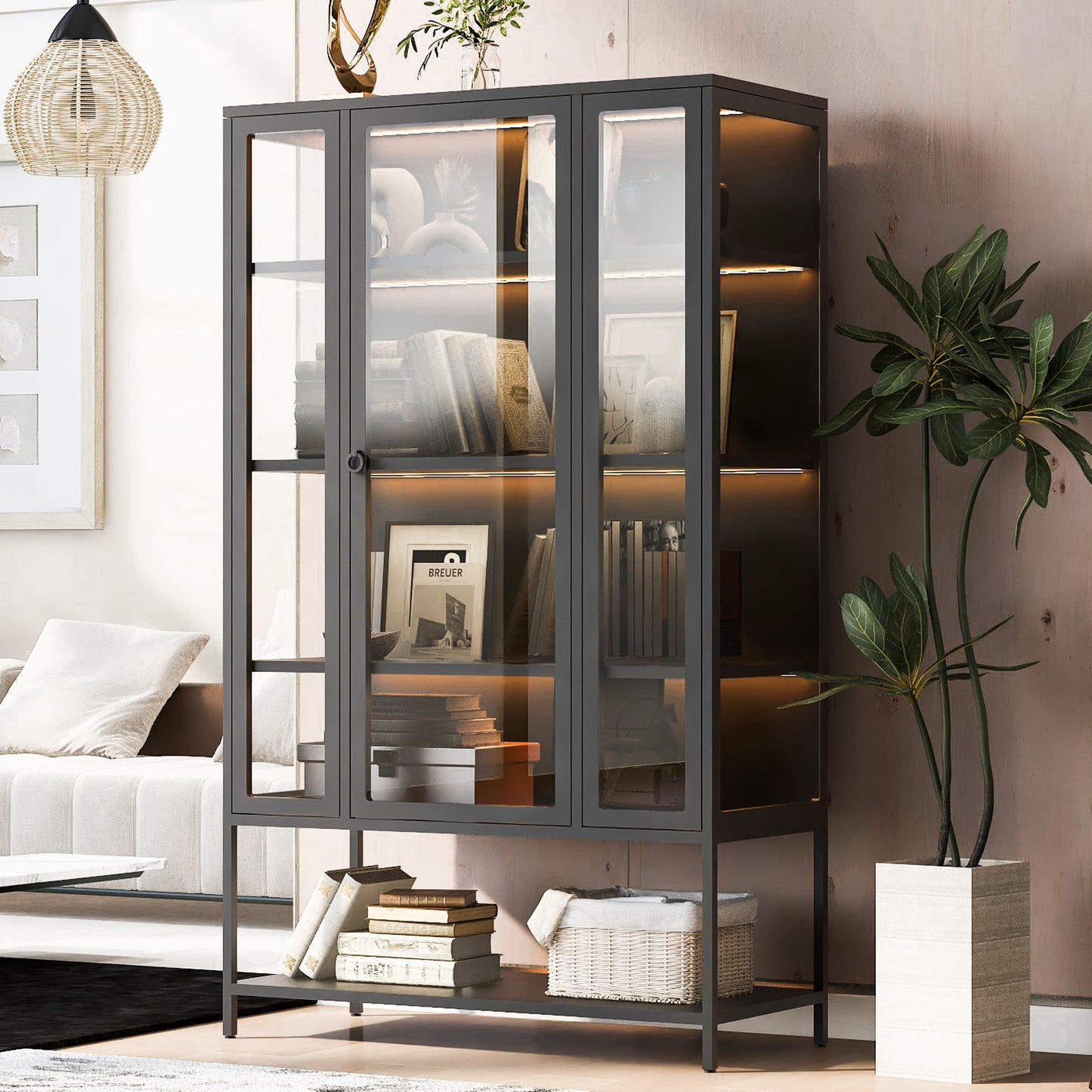 67.25  Tall Iron Display Cabinet With Glass Door And LED Lights Steel Curio Cabinet For Collectibles Figures Trophies 3-Sided Glass Display Case For Home Office Study Room Stores Playroom - Black