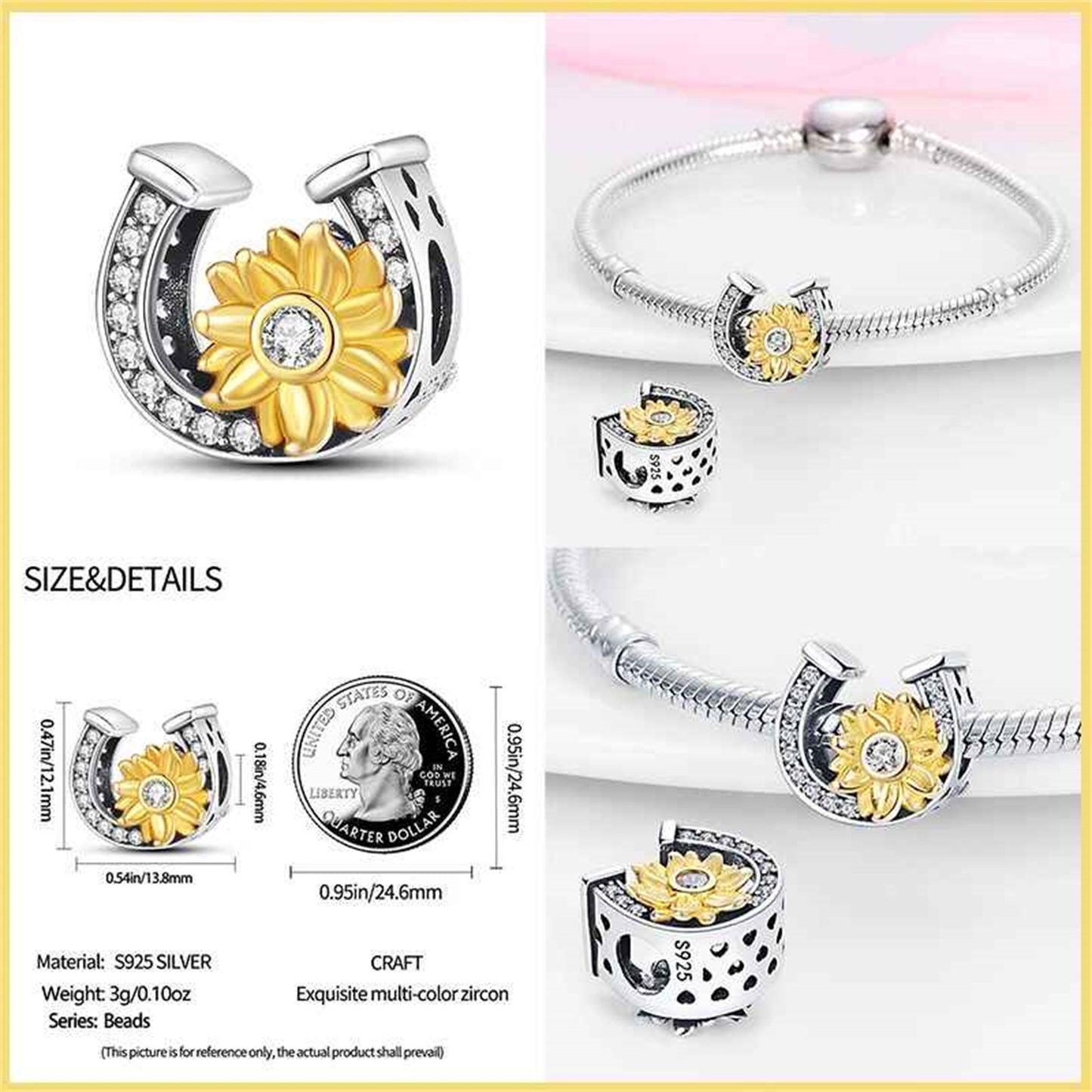 New 925 Sterling Silver Fashion Golden Sunflowers Heart
