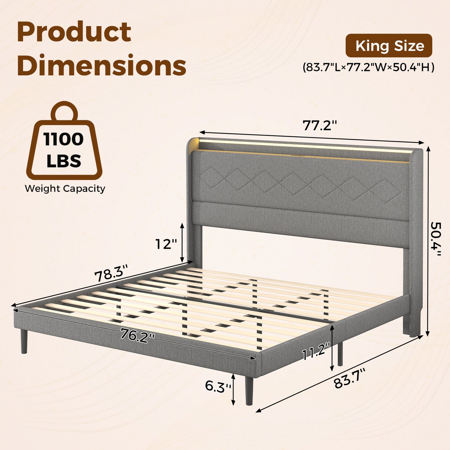 A Double Bed Frame With Adjustable Headboard, Equipped With 3 USB Charging Ports, LED Light Strips And Bluetooth Controller