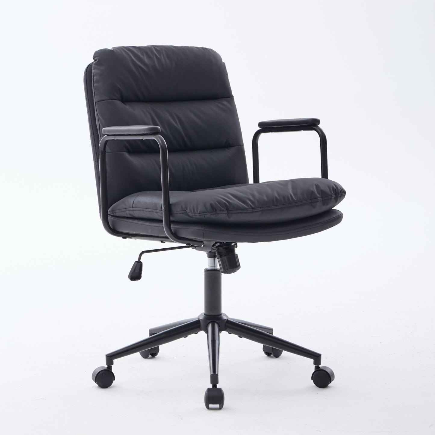 Office Chair,Mid Back Home Office Desk Task Chair With Wheels And Arms Ergonomic PU Leather Computer Rolling Swivel Chair With Padded Armrest,The Back Of The Chair Can Recline 40 Black ,SW1741BK