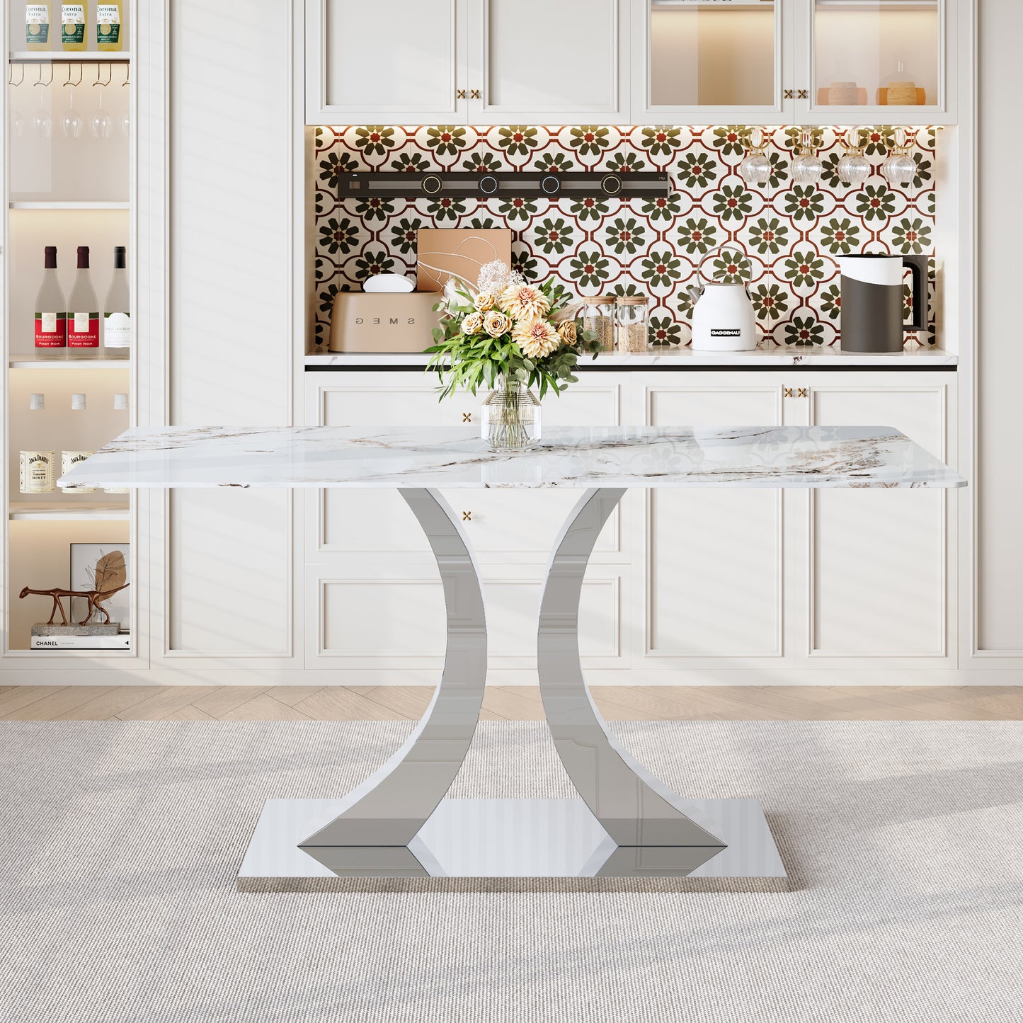 Transformable Heavy-Duty Stainless Steel Base In Silver 63in X 35in Dining Table  Luxury Pandora White Pattern Tempered Glass Rock Top For Kitchen Dining Room