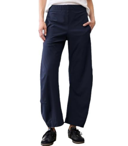 Women Barrel Curved Ankle Work Pants, Elastic High Waist, Loose Wide Thigh Slim Cuff Travel Trousers