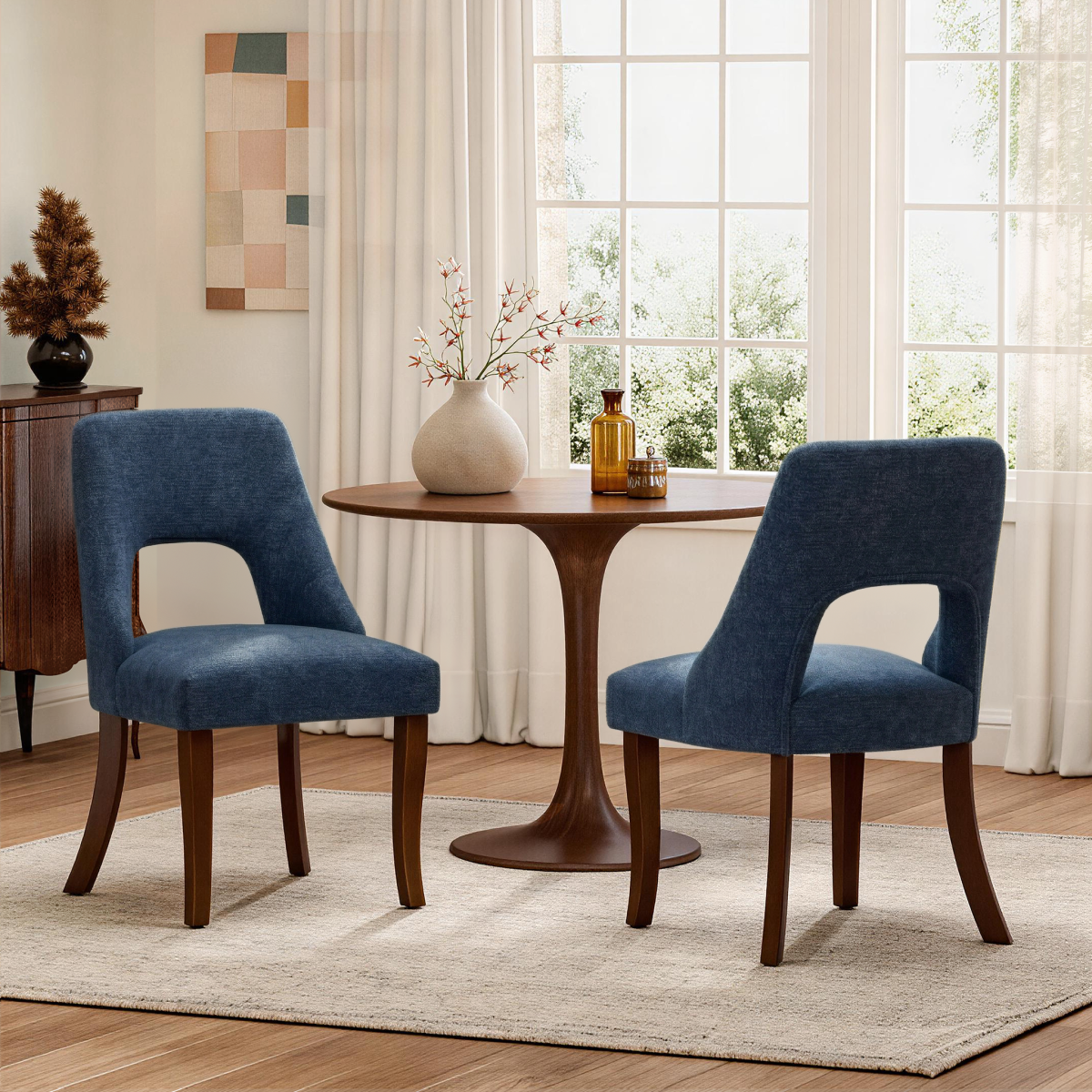 Dining Chair Set of 2,Upholstered Chenille Fabric Dining Chair Curved Solid Wood Legs, Elegant Tufted Club Dining Room Kitchen Room Dining Chair,NAVY