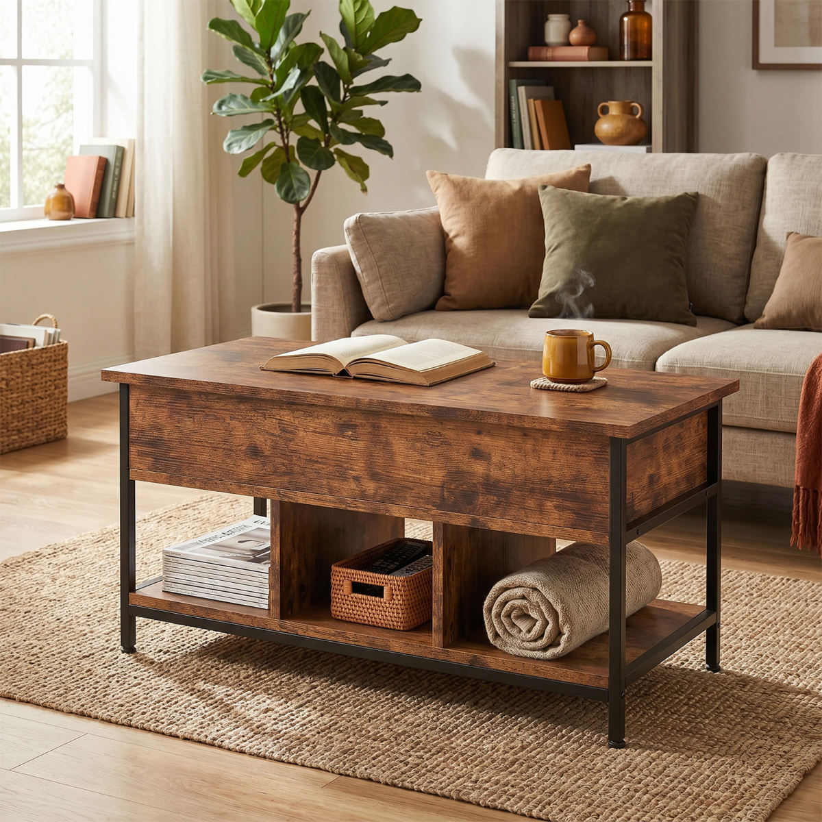Lift Top Coffee Table With Hidden Compartment Storage Shelf Rising Tabletop Center Table For Living Room Retro Color