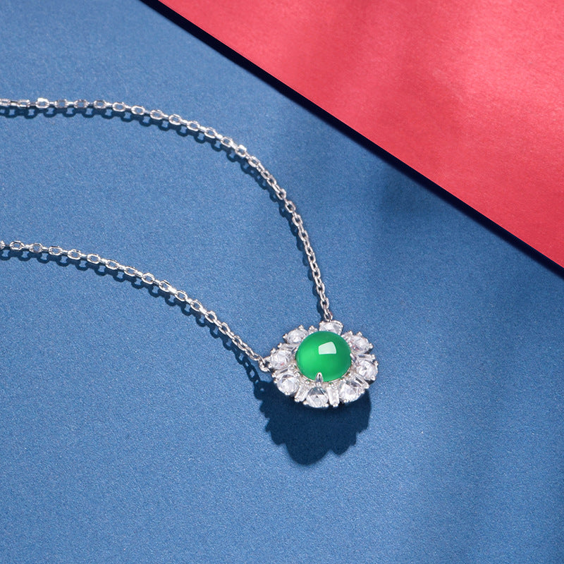 S925 Sterling Silver Necklace 45cm, 6mm Round Green Chrysoprase Pendant, Platinum Plated D Aisy Flower Jewelry For Women With Gift Box