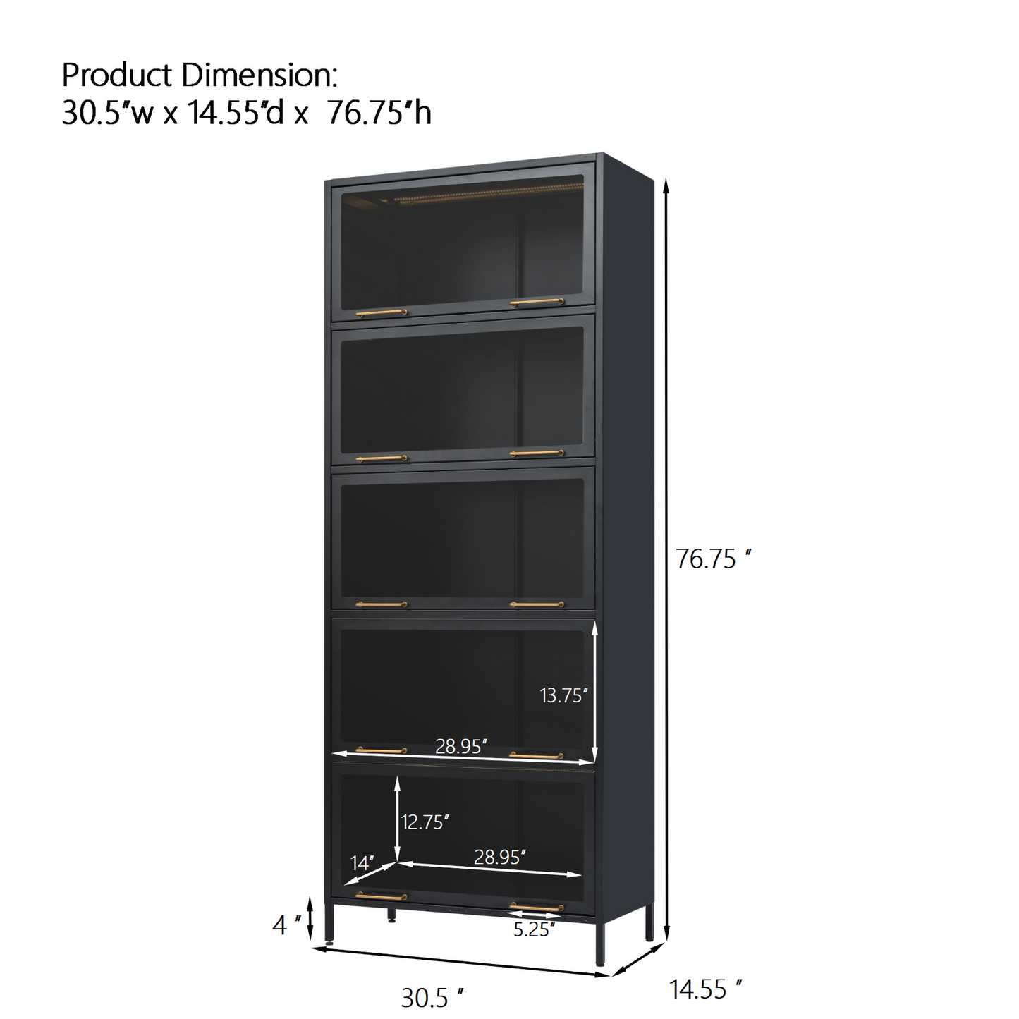76.75  Tall Iron Display Cabinet With Glass Doors, 5-Tier Steel Barister Bookcase With LED Lights For Collectibles, Modern Style Curio Cabinet For Home Living Room Office Study & Playroom - Black