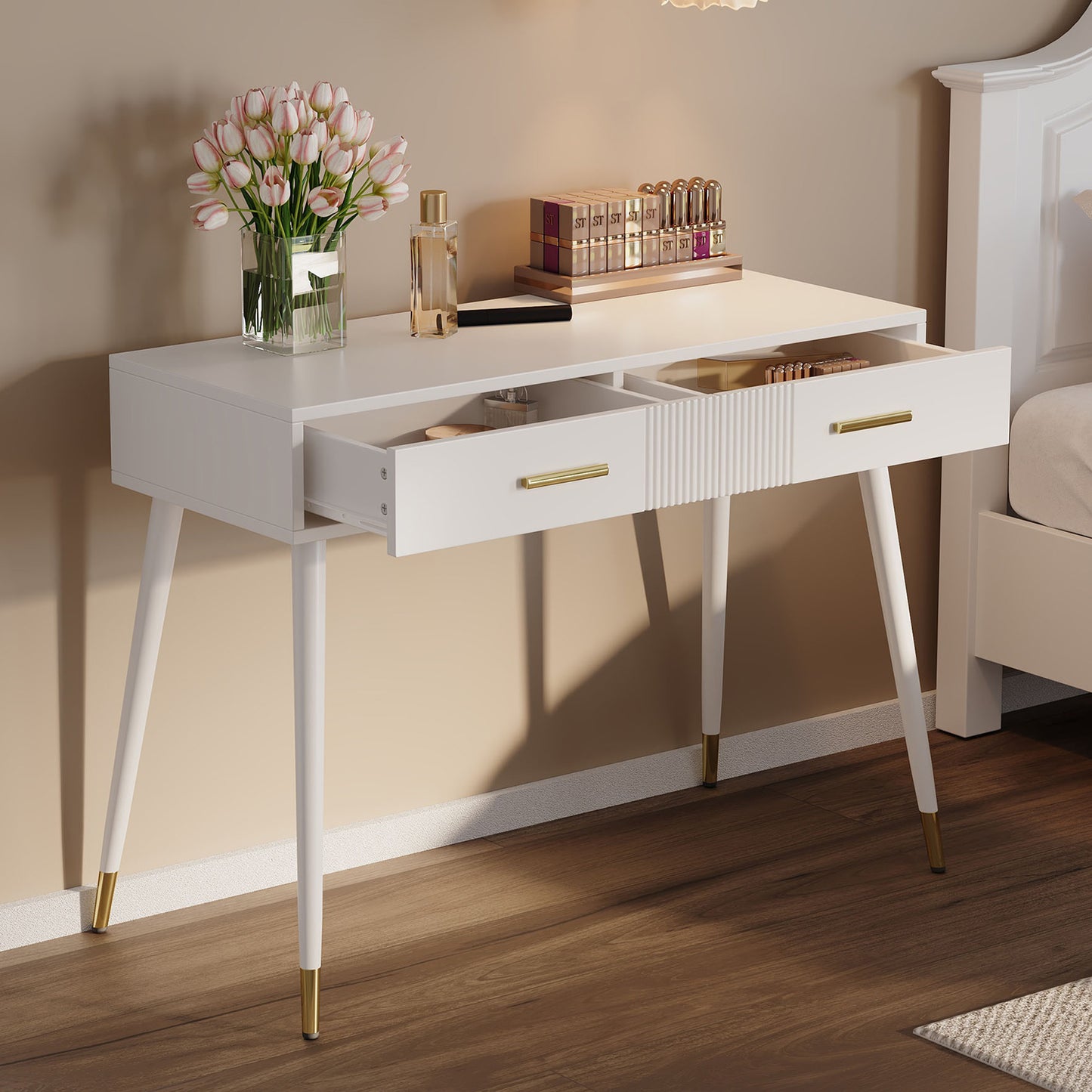 Dressing Table, Dressing Table, Desk With 2 Drawers, Metal Feet, White, Dimensions H 76 Cm XW 1 0 0 Cm XD 40 Cm Without Mirror