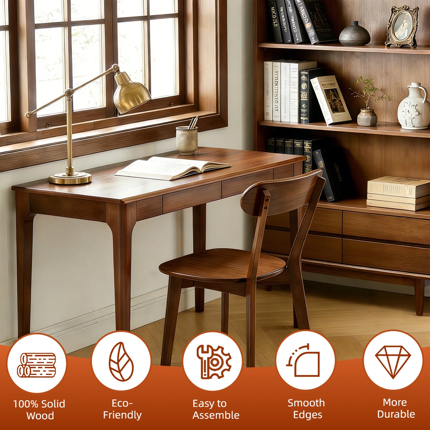 Natural Solid Wood Dining Chairs Set Of 2, Mid Century Modern Dining Chairs With Curved Backrest, Kitchen Chair With Adjustable Foot Pads For Dining Room, Kitchen, Living Room, Study, Walnut