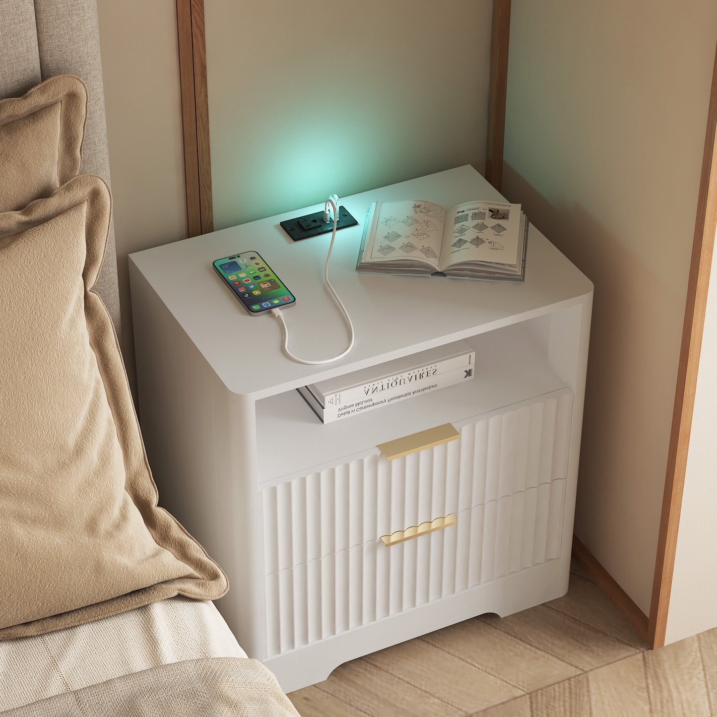 Nightstand With Charging Station, Smart Nightstand With Night Light,Bedside Tables With Storage Cabinet For Bedroom