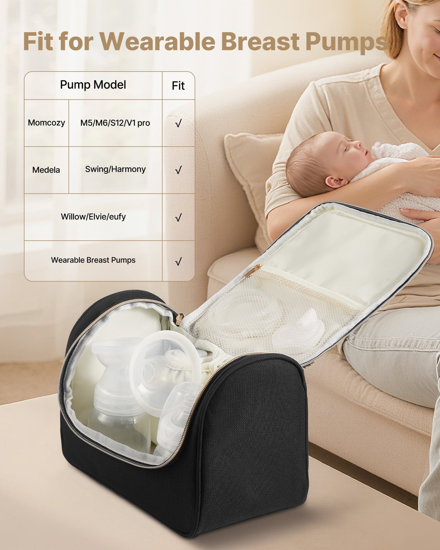 Wearable Breast Pump Bag, Breast Feeding Bag With Waterproof Mat, Fits For M5/M6, Pumping Accessories & Breastmilk Storage, Portable Pump Carrying Case For Work, Travel & Family Use, Black