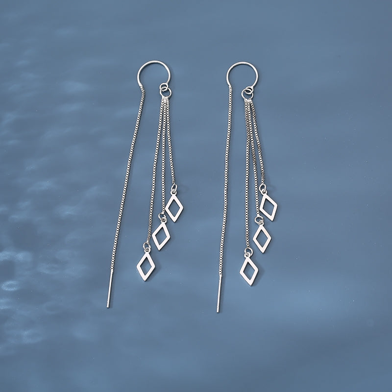 1 Pair 999 Sterling Silver Hollow Rhombus Long Tassel Threader Earrings, Minimalist & Elegant, Perfect For Daily, Dating & Business, Ideal Valentine's Gift