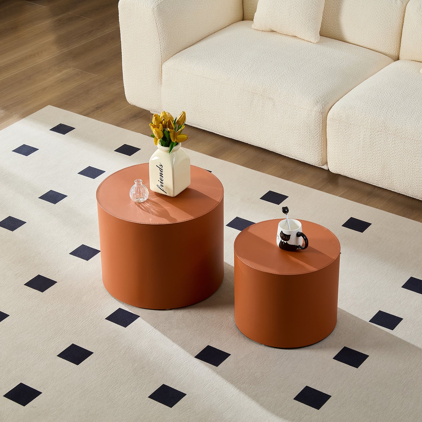 Modern Orange MDF Saddle Leather Table -Compact Sizes, Great For Living Room Decor & Daily Use