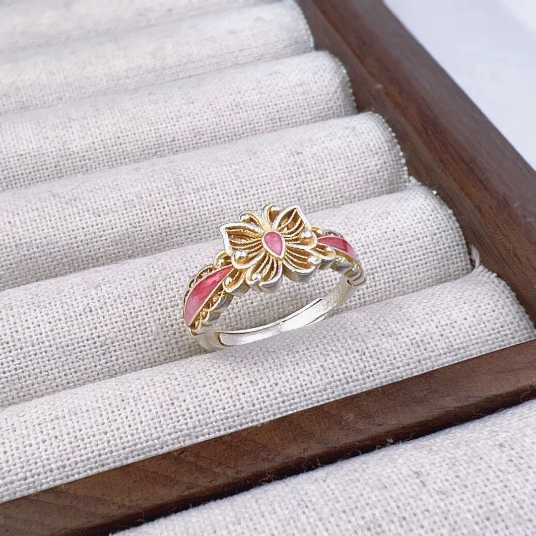 1pcs 999.9 Sterling Silver Gold-Plated Filigree Butterfly Ring, Luxury Retro Style, Ideal For Birthdays & Holiday Gifts