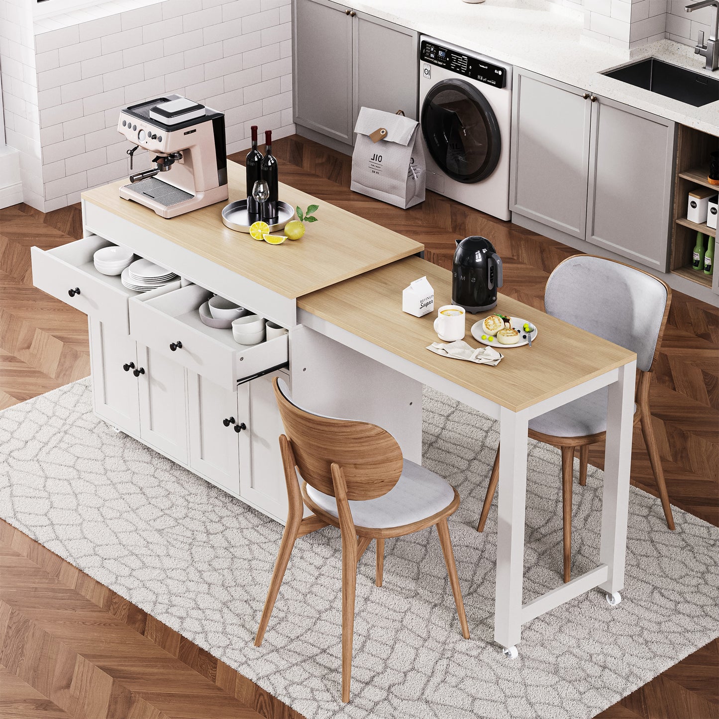K&K 74.5 Inch Kitchen Island With Extendable Dining Table , Rolling Kitchen Island On Wheels With Spice Rack And 2 Drawers, 4 Door Cabinet, For Kitchen, Dining Room, White  One Package