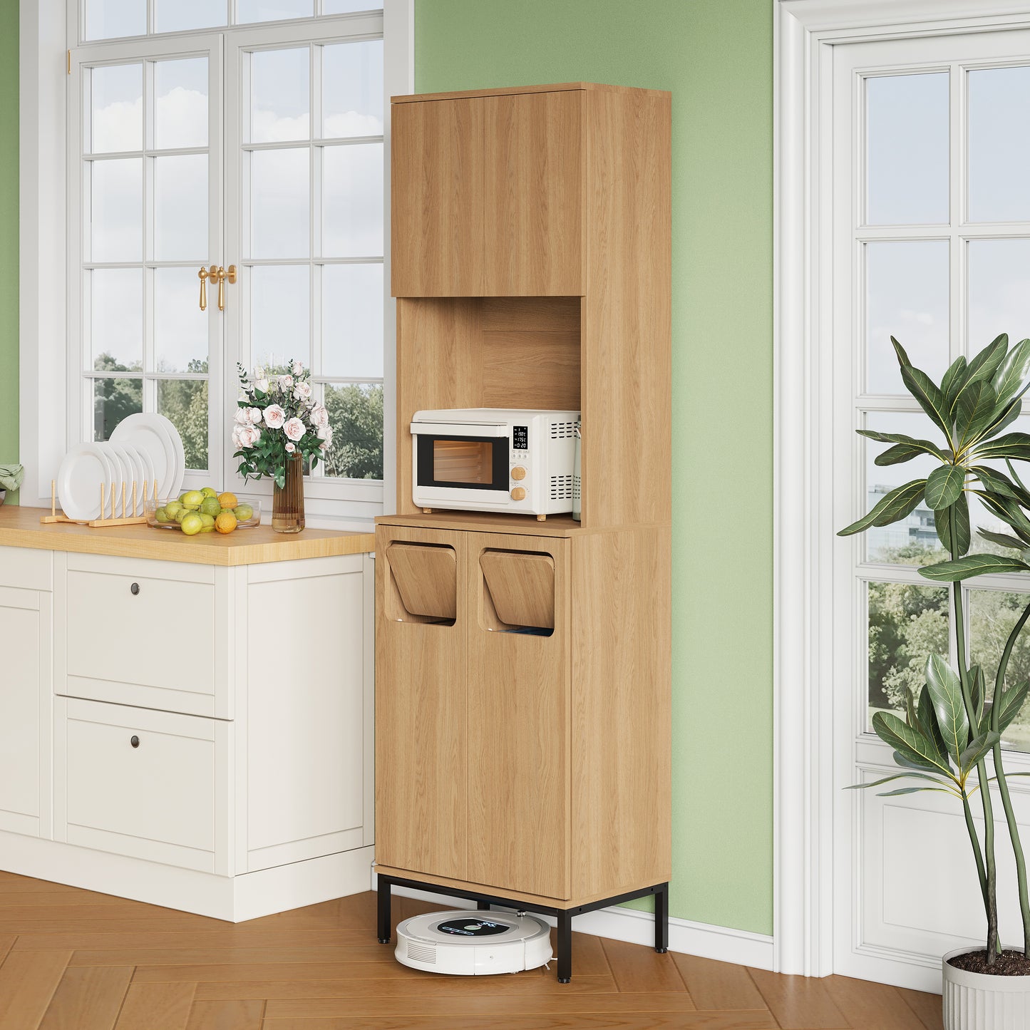 Trash Cabinet, Kitchen Cabinet With Rubbish Shelf, 181cm Tall Cabinet In Oak Look & Black, Microwave Compartment, Storage Space For Vacuum Cleaner, 53x35x181cm