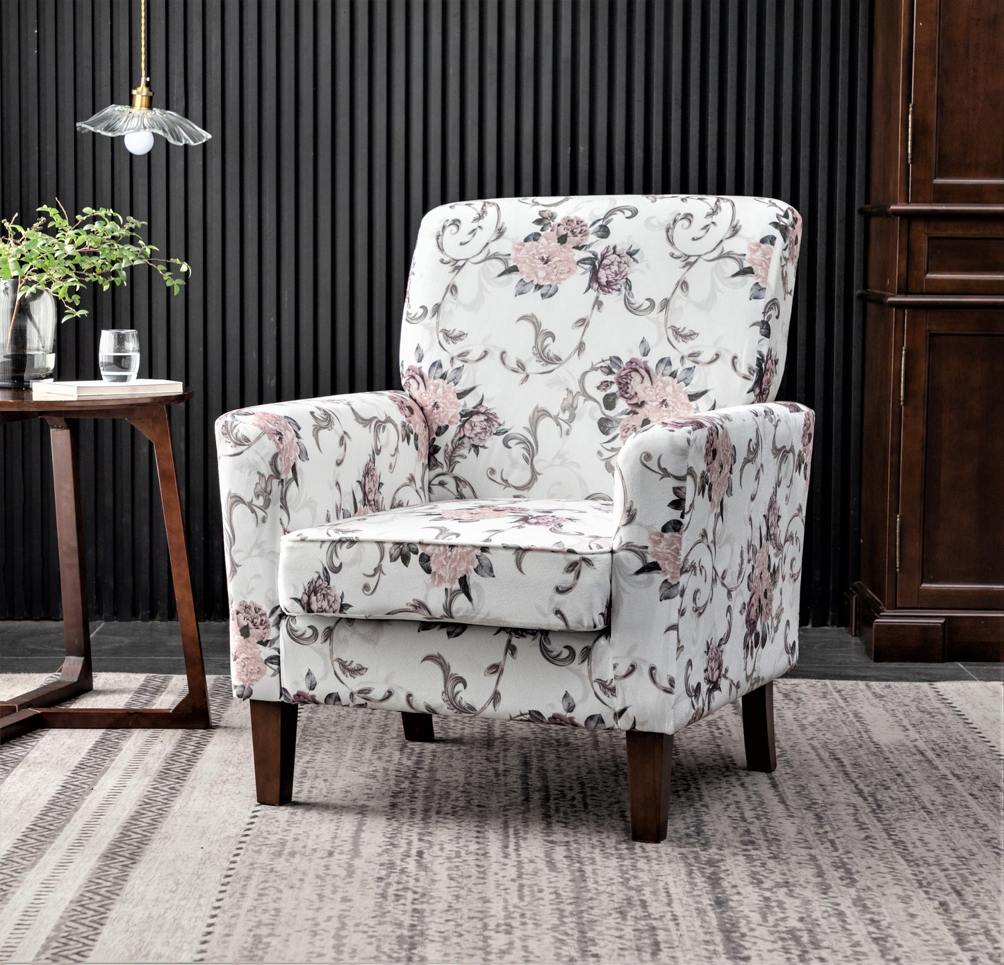 Patterned Polyester Blend Armchair, Solid Birch Wood Frame With Brown Tapered Legs, Foam Padded Accent Chair With Trim Detail For Living Room Office