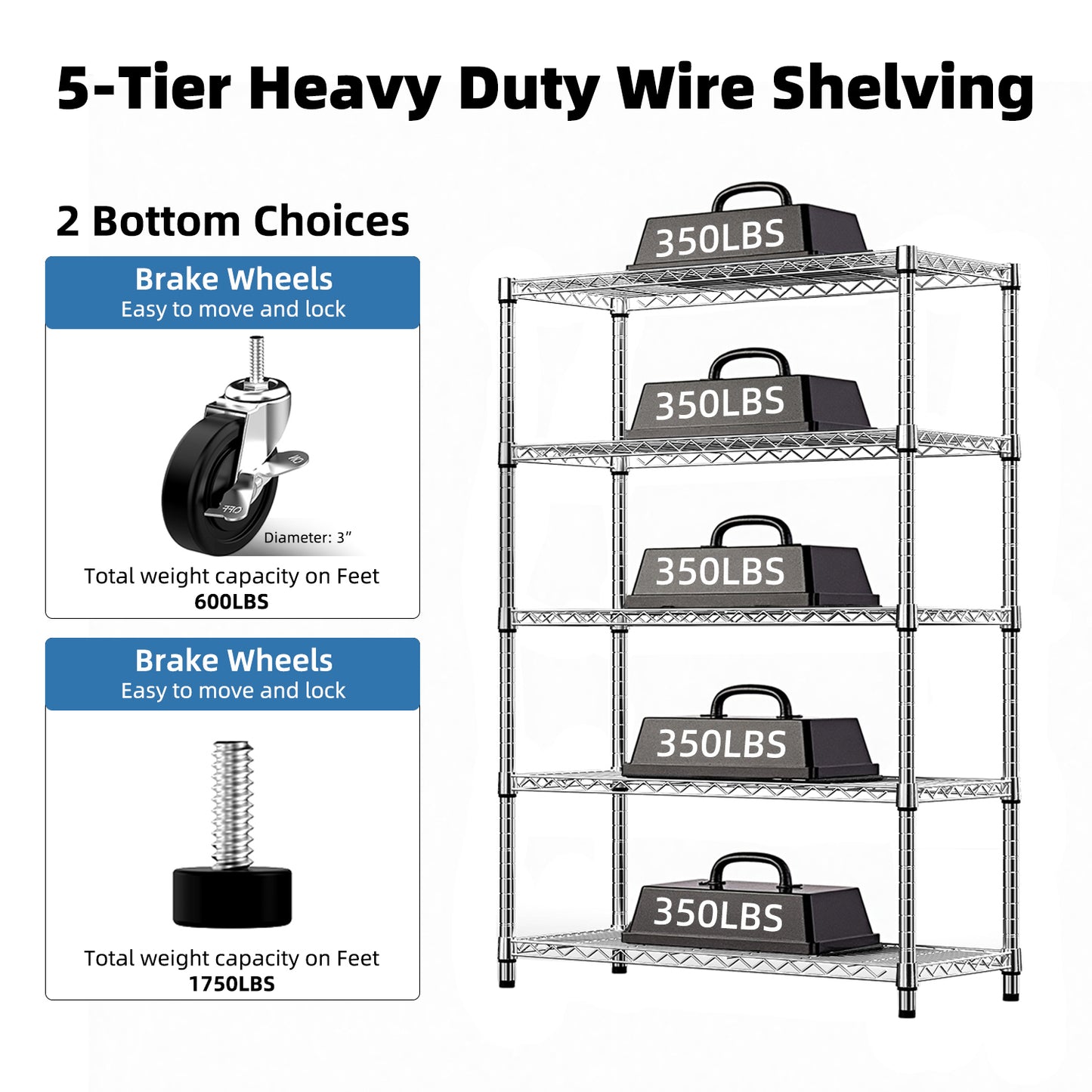 5-Shelf Storage Shelves,Wire Shelving Heavy Duty Metal Storage Shelving Unit Adjustable Garage Shelving Rack Pantry Kitchen  Chrome, 5 Tier,17.7  D X 47.2  W X 75.6  H