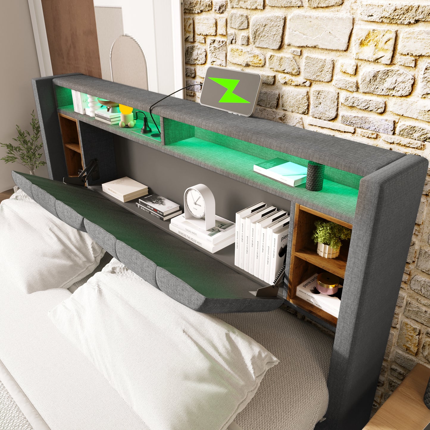 Upholstered Bed Double Bed Storage Headboard Bed With Charging USB And LED Lighting Bed Frame Wooden Slatted Frame,140x200CM Grey Without Mattress