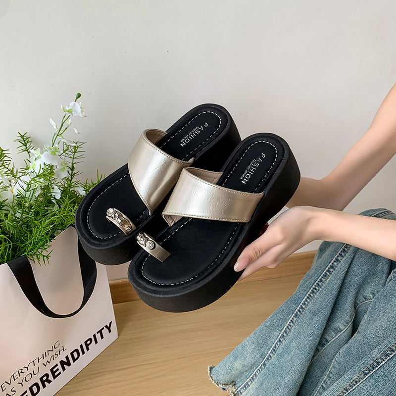 Fashion Platform Slide Sandals For Women, New Summer Outdoor Wear, Versatile Elevated Flip Flops With Toe Post