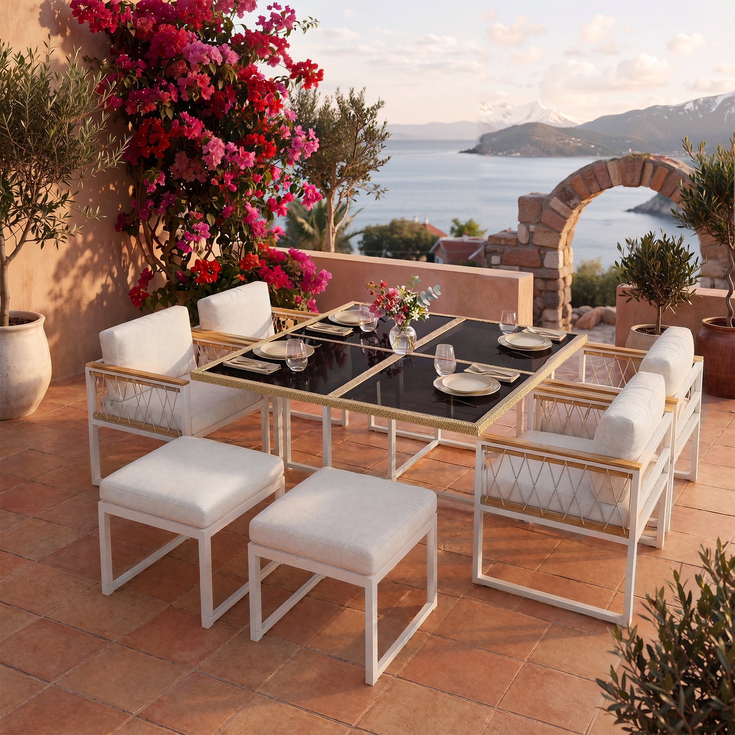 This 7-piece Garden Furniture Set Can Accommodate 6 People. It Features A Tempered Glass Tabletop With Polyester Rope Wrapping And WPC Handrails, Making It Ideal For Outdoor Applications.