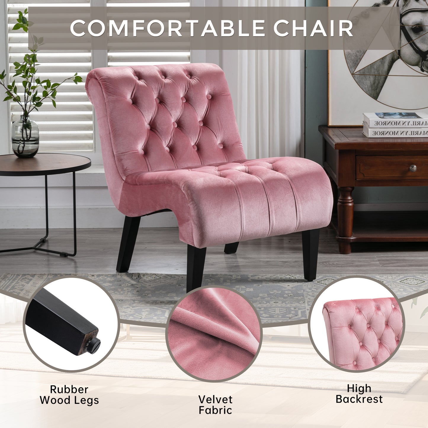 COOLMORE Modern Velvet Armless Accent Living Room Chair   Leisure Chair,Upholstered Fabric Button Comfortable Chair With Wooden Legs For Bedroom, Living Room, Office   Velvet