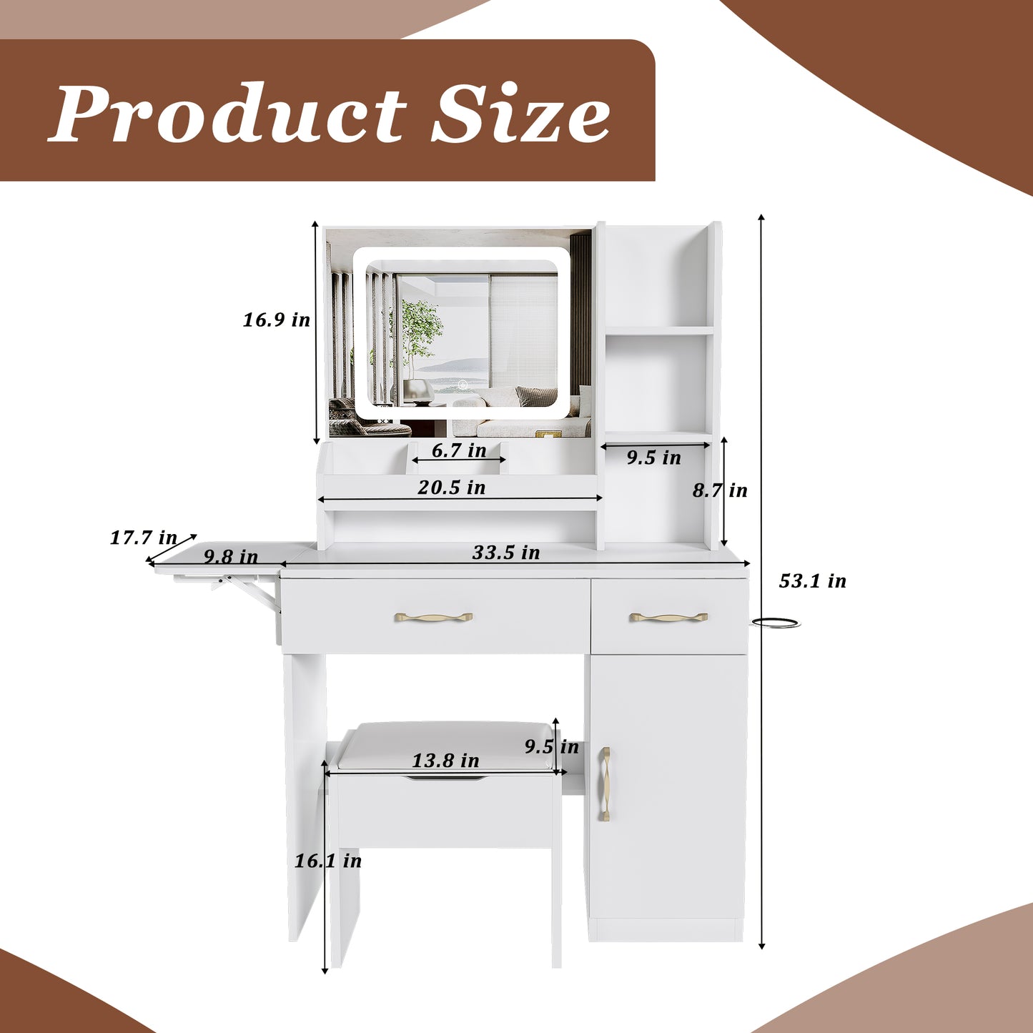 Vanity Desk With LED Mirror Lights And Power Outlet Charging Station, Makeup Dressing Table With 3 Drawers, 7 Shelves And Storage Stool, For Girls And Women White