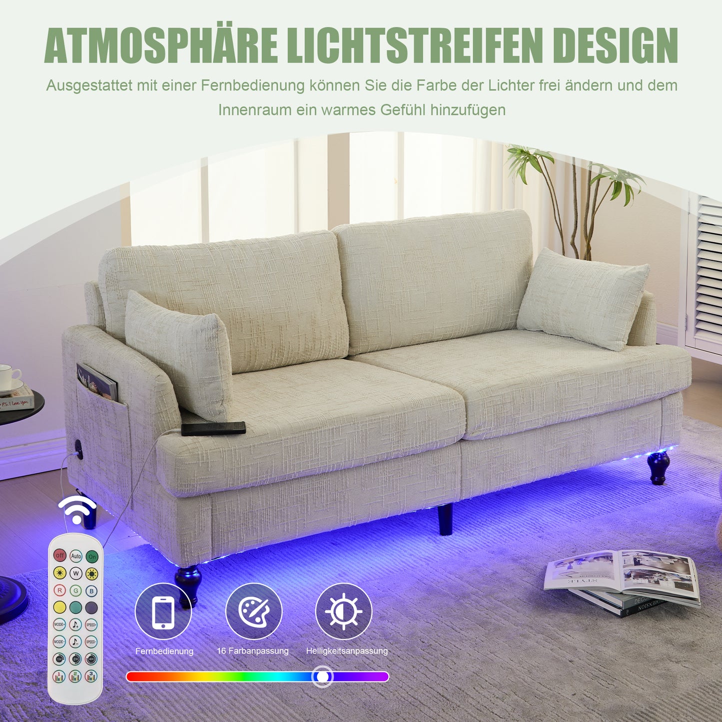Modern 2-Seater Chenille Sofa With Wooden Legs, LED Light, USB Charging Port And Storage Bag Living Room-Bedroom-Study  Beige Chenille