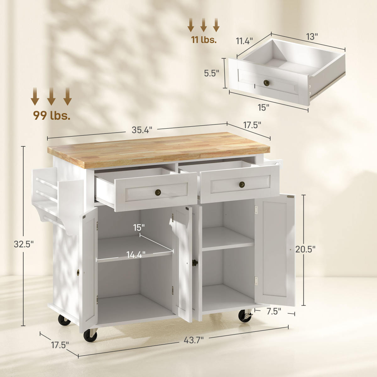 44" Mobile Kitchen Island Table, Kitchen Island Cart on Wheels with Storage Cabinets, 2 Drawers, White