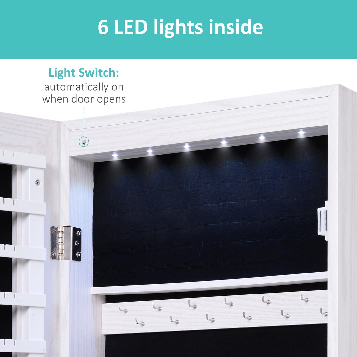 Jewelry Cabinet With Mirror And LED Lights, Lockable Makeup Cosmetics Jewellery Organiser, Mirror With Storage For Bedroom Dressing Room, White