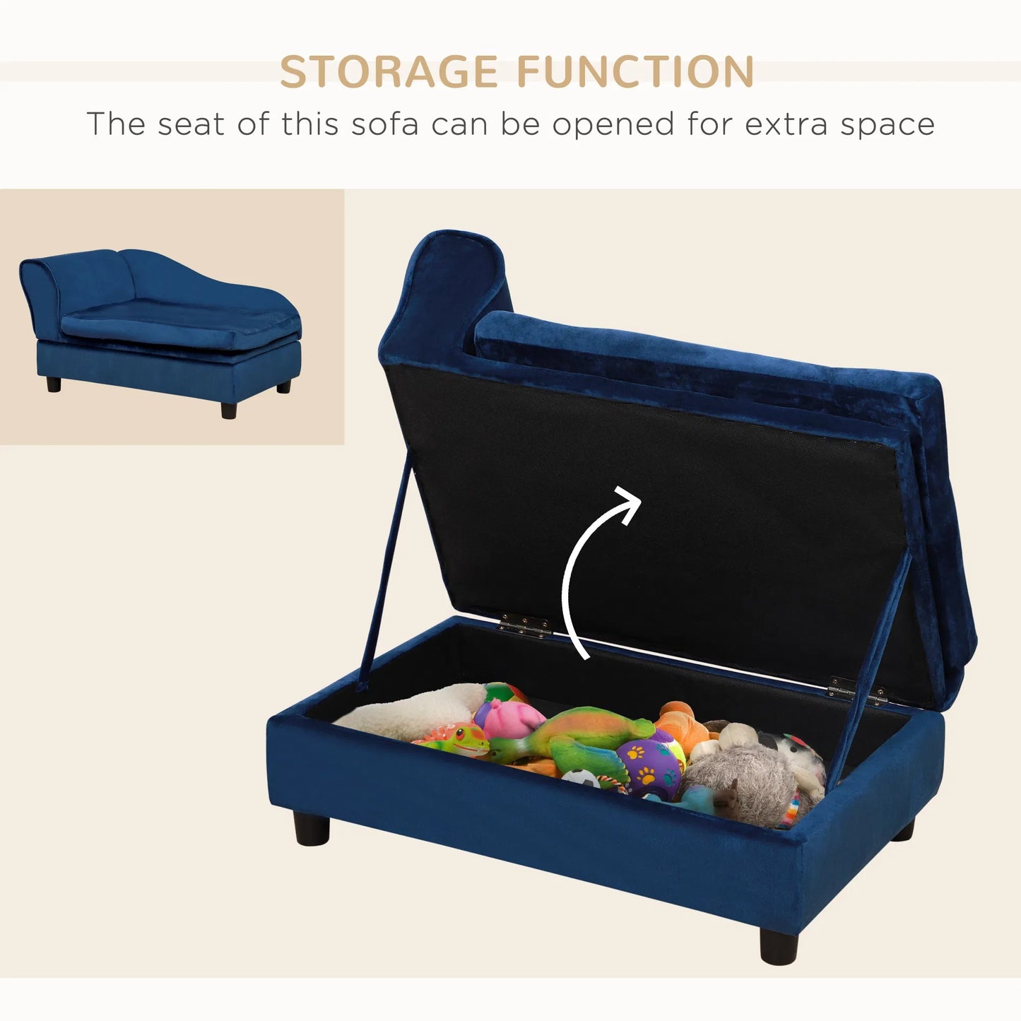 Pet Sofa Bed With Storage, Cushy Couch For Cats And Small Dogs, Soft Foam Couch, Modern Pet Furniture, Blue