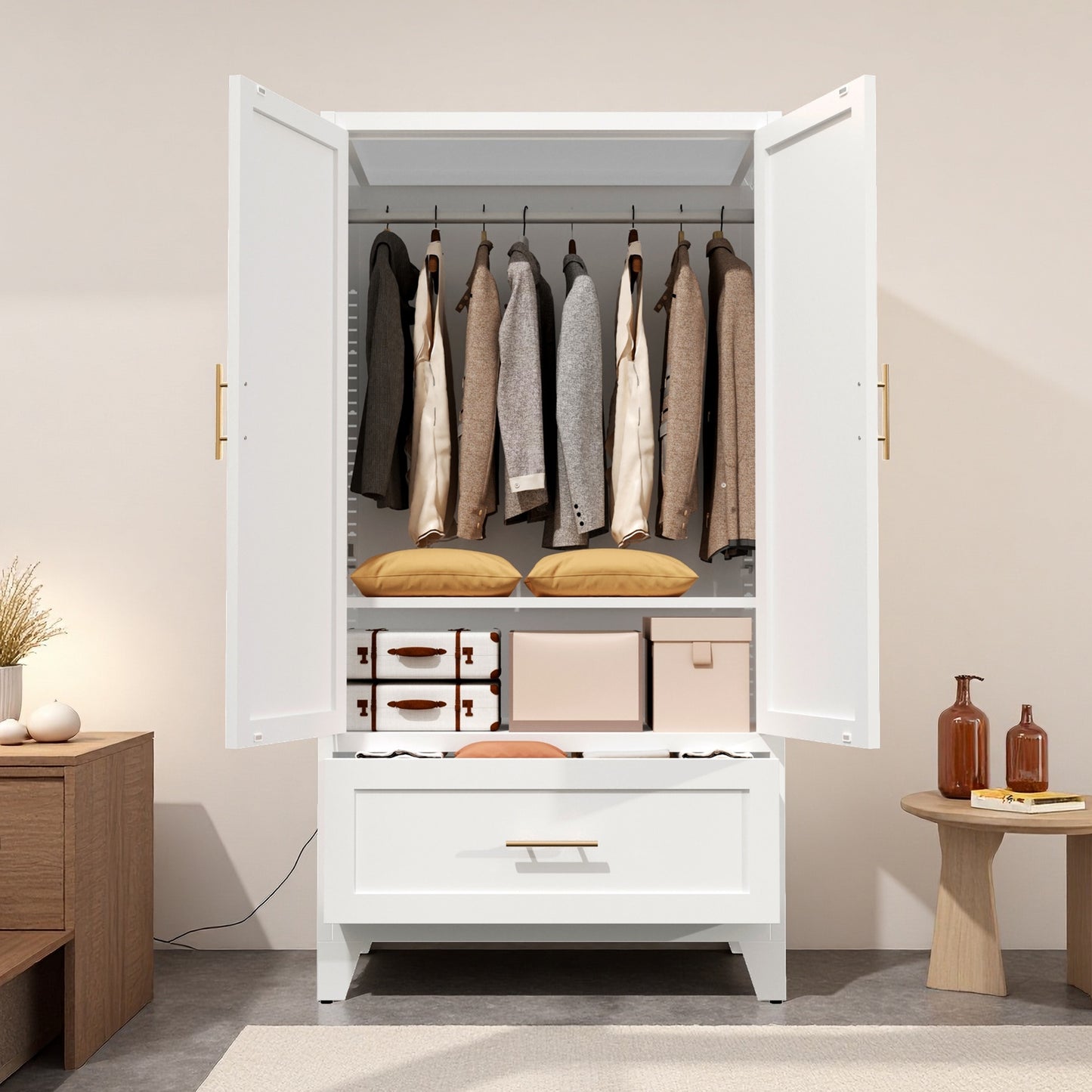 60 Tall Metal Wardrobe Cabinet With 1 Drawer And Hanging Rod, 2 Doors Wardrobe Closet With Shelf For Bedroom, Office, Laundry Room,Entryway ,Foyer,Guesthouse  White