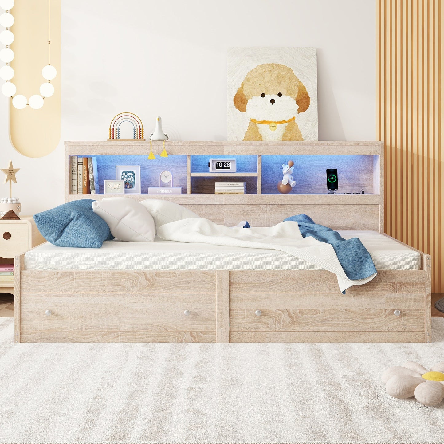 Daybed, 90x200cm Daybed, Sofa Bed, Bedside Table, Bed With 2 USB And 2 Charging Sockets, Ambient Lighting, Bed With Two Drawers, Bed With Slatted Base  Without Mattress , Chipboard, Natural