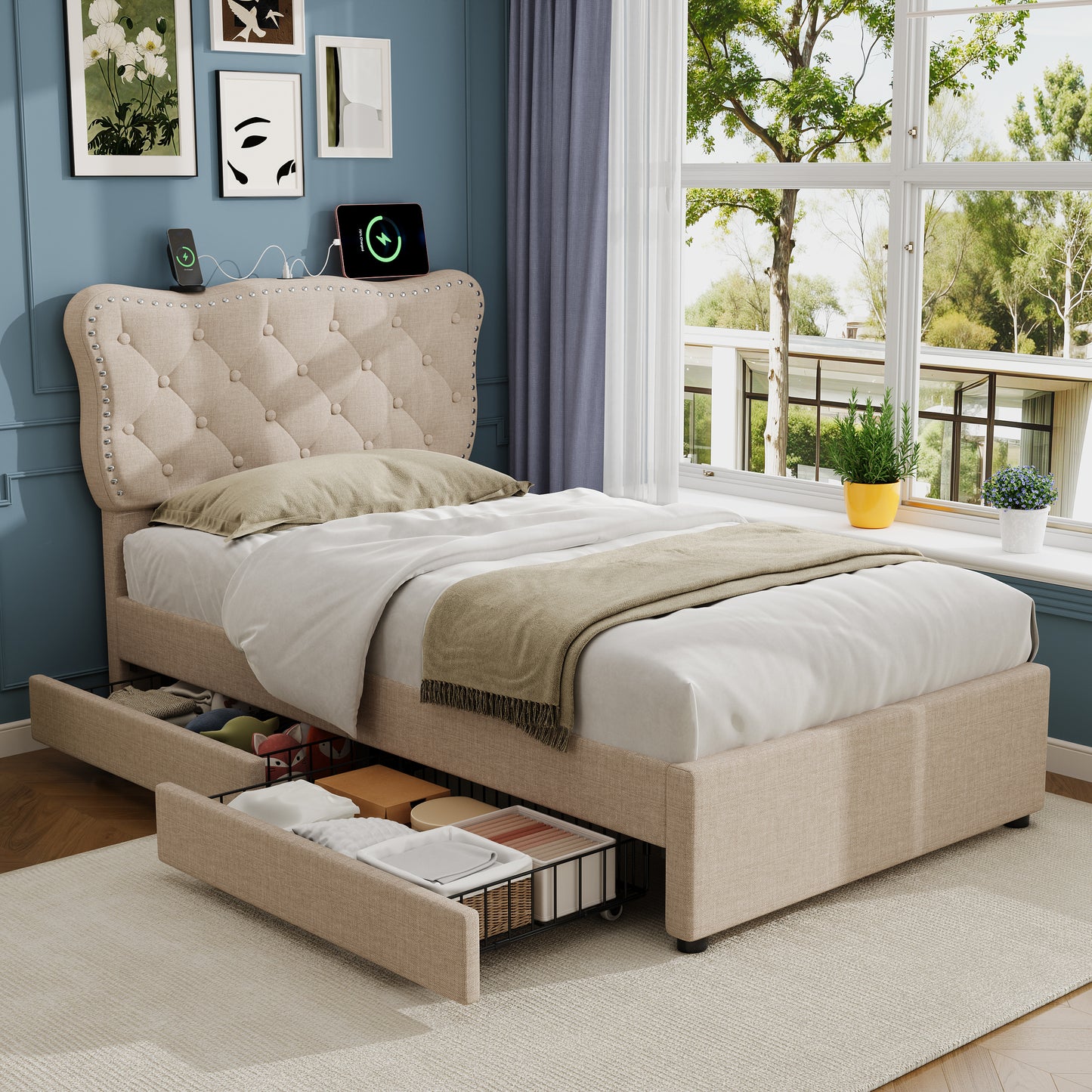 3ft Single Upholstered Bed With Rivet Design And Charging Station, Two Storage Drawers, Adjustable Button Tufted Headboard With USB & Type-C Ports, No Box Spring Needed, Linen, Beige   No Mattress