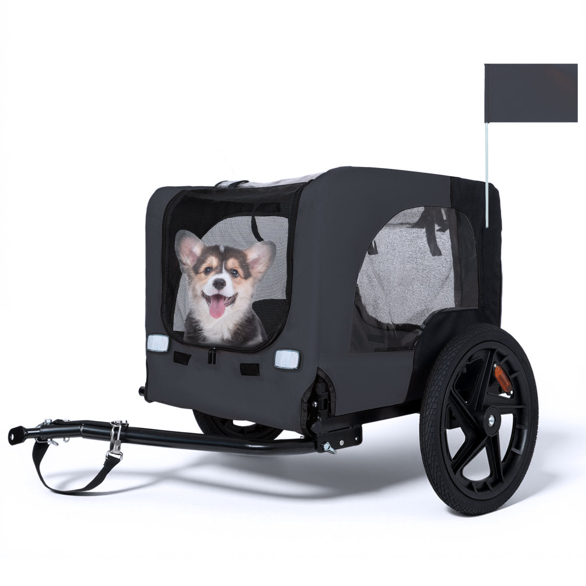 Outdoor Heavy Duty Collapsible Pet Bike Trailer With 16-Inch All-Terrain Wheels & Universal Hitch - Foldable Dog Cargo Carrier Cart For Bicycles, Black Dark Gray