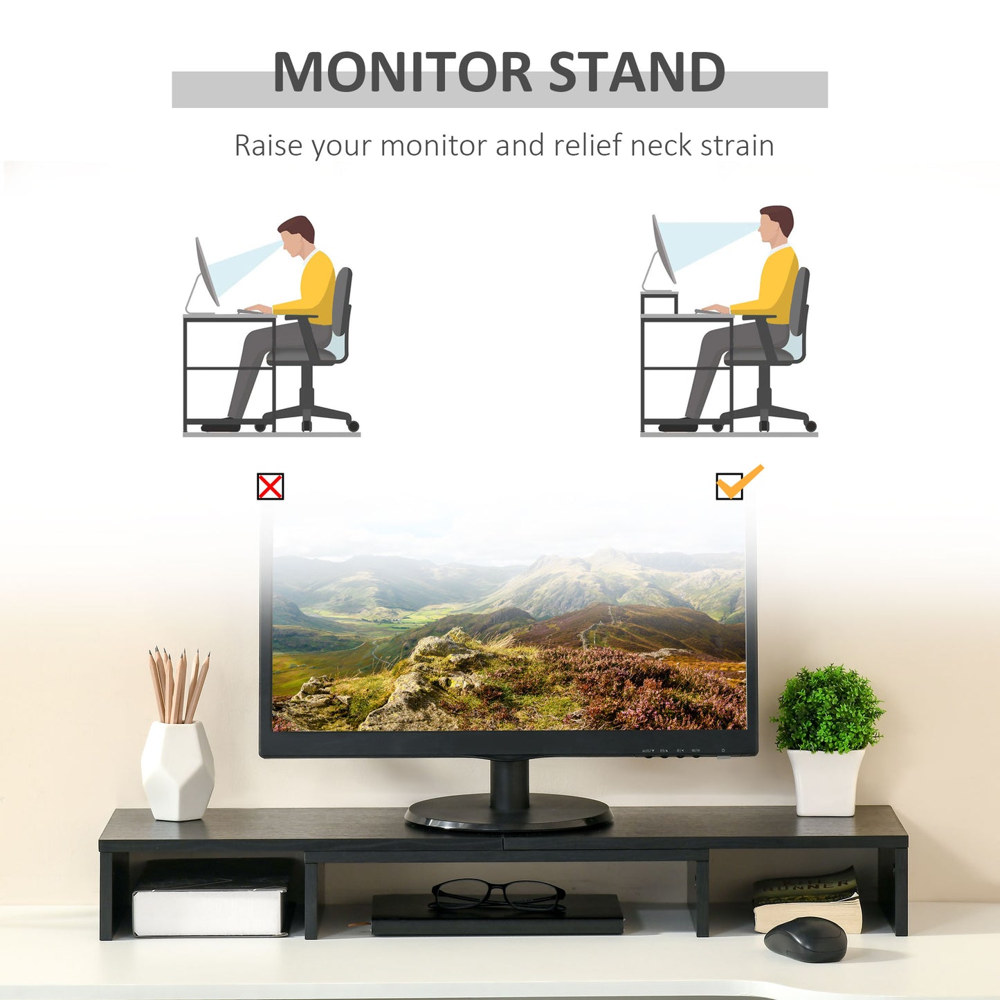 Vinsetto Dual Monitor Stand Riser With Adjustable Length And Angle, Screen Riser For Laptop, Computer, PC, Printer, TV, Black