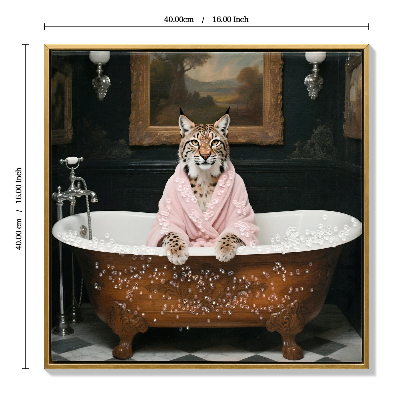Tiger In Bathtub Wall Art Print Poster, Bathroom Decor Posters Prints For Restroom Home Picture Painting Artwork Gallery 1  Tiger, 16 X 16 Inches, Wood Frame