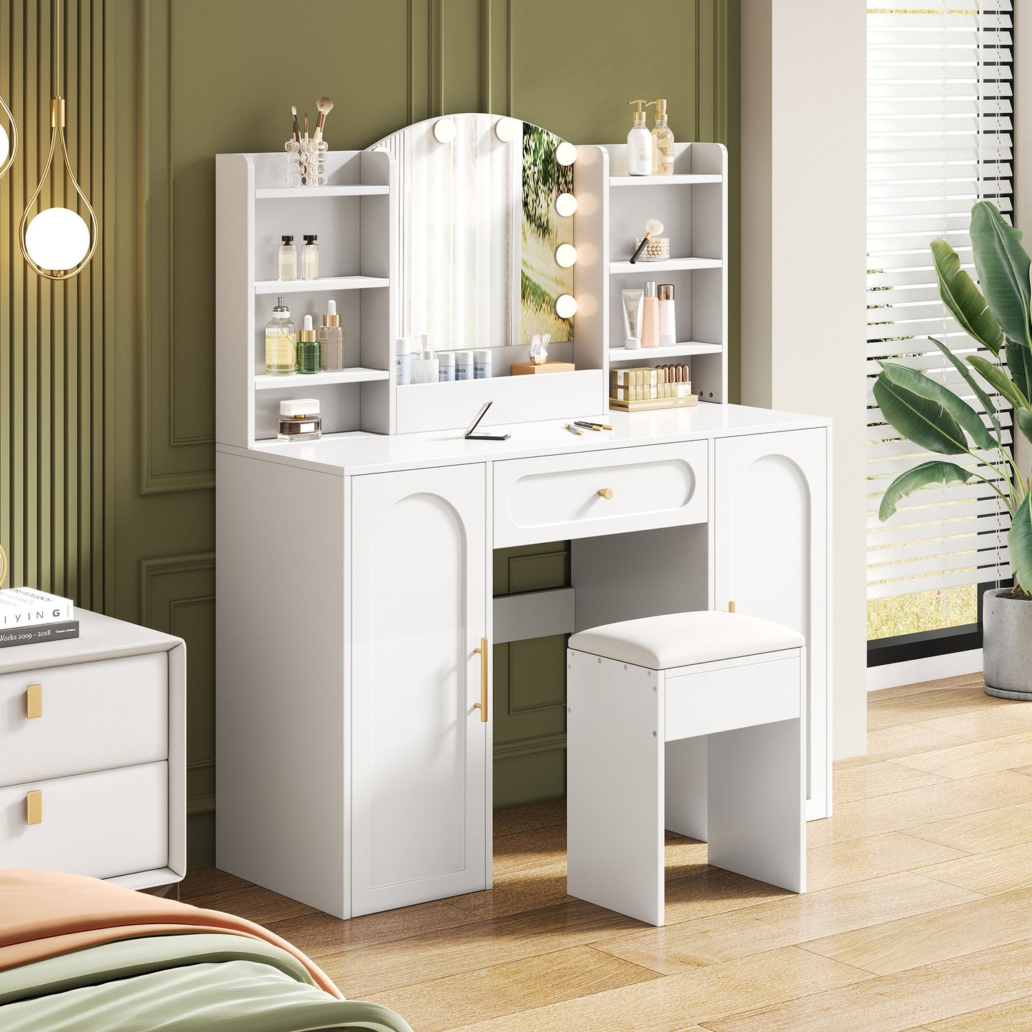 Vanity Table With Adjustable LED Lighting, Mirror And Stool, Featuring 1 Drawer And 2 Cabinet Doors, Modern Style, Perfect For Bedroom, Dimension110 X 40 X 132 Cm