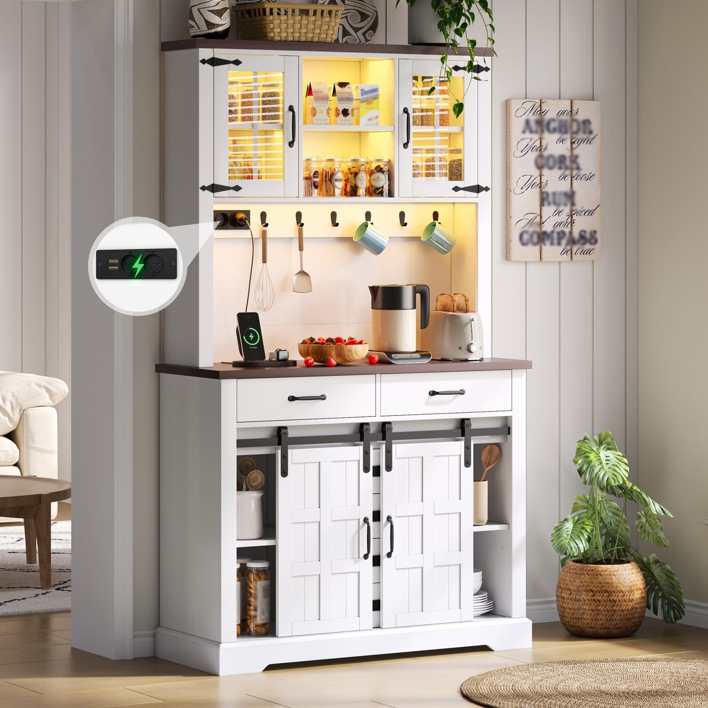 Kitchen Cabinet, Buffet Cabinet, Sideboard With Socket And LED Lighting, Kitchen Furniture With Worktop, 6 Drawers, Adjustable Shelves, Hooks, 180 X108 X40 Cm, White