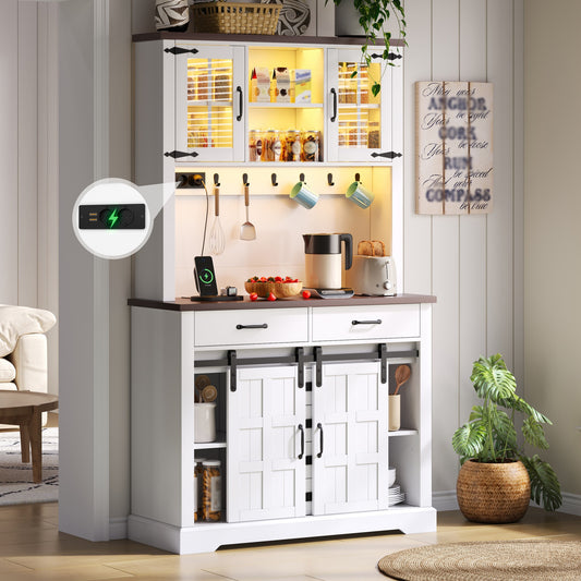 Kitchen Cabinet, Buffet Cabinet, Sideboard With Socket And LED Lighting, Kitchen Furniture With Worktop, 6 Drawers, Adjustable Shelves, Hooks, 180 X108 X40 Cm, White