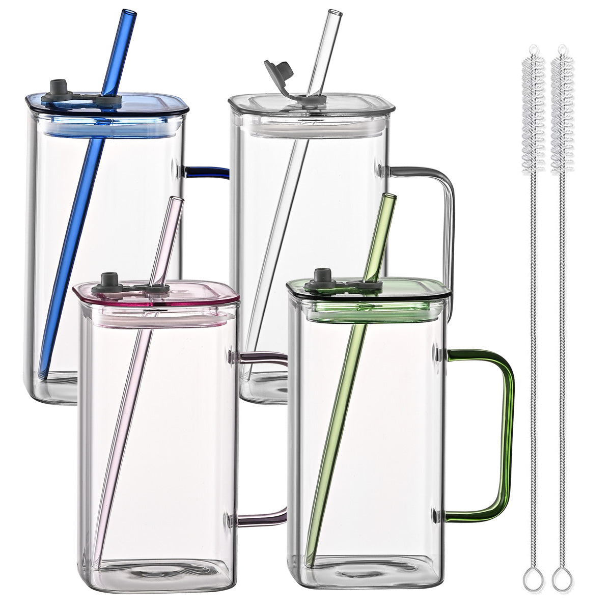 1 Pcs Blue Glass Straw Cup, 4 Colors Square Glass Cup With Straw And Lid, High Borosilicate Glass Cup, Milk Cup, Juice Cup, Cold Drink Cup, Coffee Cup, Tea Cup, Office Cup, Gift Cup