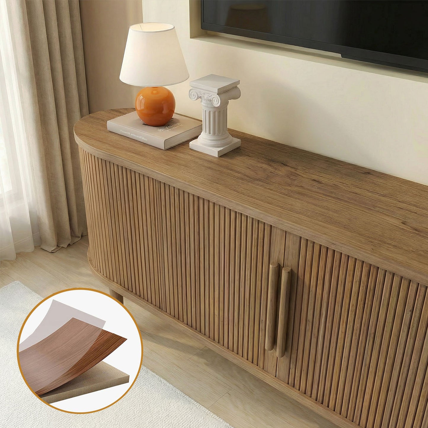 63in Fluted TV Stand Modern Media Console Table Entertainment Center With Sliding Door And Solid Wood Legs For Living Room Bedroom Office