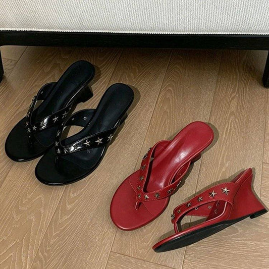 Women's Summer Star Studded Fashion Thong High Heel Slide Sandals, Outdoor Beach Clip-Toe Heeled Flip Flops